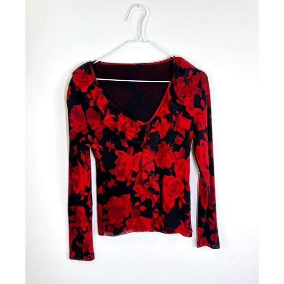 Vintage red floral line mesh women's top size M - Picture 1 of 3